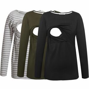 Chic Long Sleeve Nursing Tops - Black, Olive, Gray Stripes